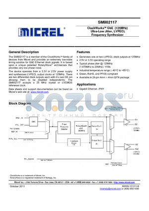 SM802117UMG datasheet - ClockWorks GbE (125MHz) Ultra-Low Jitter, LVPECL Frequency Synthesizer