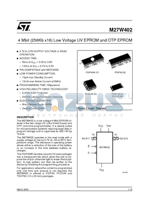 M27W402-100K6TR datasheet - 4 Mbit 256Kb x16 Low Voltage UV EPROM and OTP EPROM