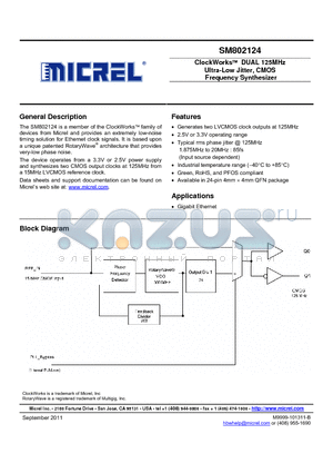 SM802124 datasheet - ClockWorks DUAL 125MHz Ultra-Low Jitter, CMOS Frequency Synthesizer