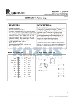 PO74HSTL85331ATR datasheet - 3.3V 1:4 Crystal Oscillator/ Differential Clock or Data Fanout Buffer