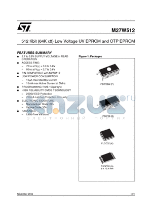M27W512-100B6E datasheet - 512 Kbit (64K x8) Low Voltage UV EPROM and OTP EPROM