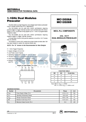 MC12026BP datasheet - 1.1GHz Dual Modulus Prescaler