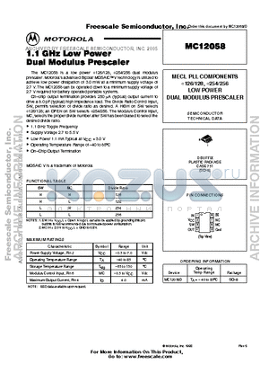 MC12058 datasheet - 1.1 GHz Low Power Dual Modulus Prescaler