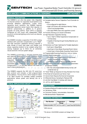SX8633 datasheet - Low Power, Capacitive Button Touch Controller (12 sensors) with Enhanced LED