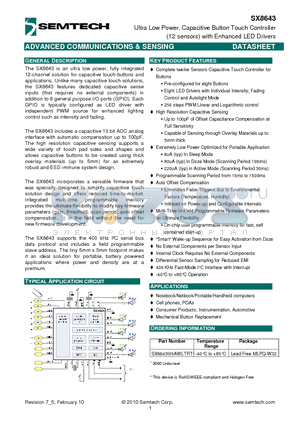 SX8643 datasheet - Ultra Low Power, Capacitive Button Touch Controller (12 sensors) with Enhanced LED Drivers