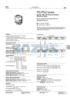 PCLH-201A1MSL000 datasheet - 3A, 5A, 10A, 15A General Purpose Miniature Relay