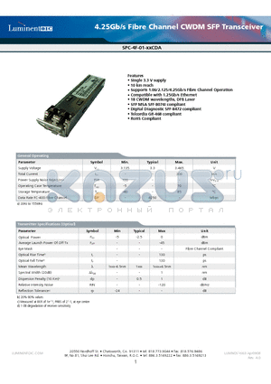 SPC-4F-01-33CDA datasheet - 4.25Gb/s Fibre Channel CWDM SFP Transceiver