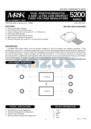 MSK5200-HTU datasheet - DUAL POSITIVE/NEGATIVE, 3 AMP, ULTRA LOW DROPOUT FIXED VOLTAGE REGULATORS