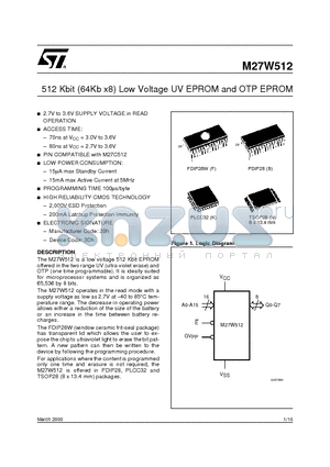 M27W512-80B6TR datasheet - 512 Kbit 64Kb x8 Low Voltage UV EPROM and OTP EPROM