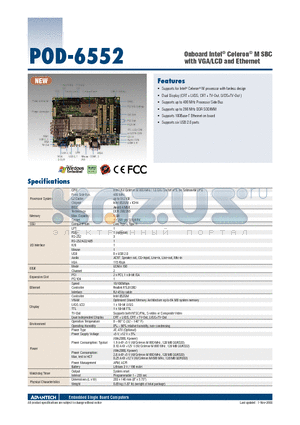 POD-6552 datasheet - Onboard Intel^ Celeron^ M SBC with VGA/LCD and Ethernet