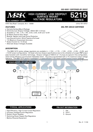 MSK5215-1.5H datasheet - HIGH CURRENT, LOW DROPOUT SURFACE MOUNT VOLTAGE REGULATORS