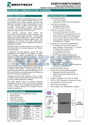 SX8676IWLTRT datasheet - Haptics Enabled Multitouch 4/5-Wire Resistive Touchscreen Controller with Proximity Sensing