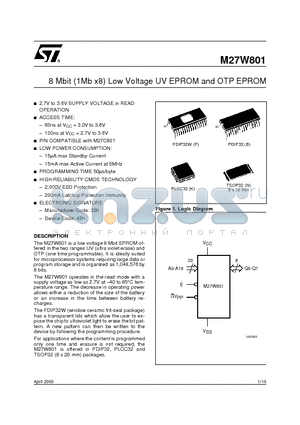 M27W801 datasheet - 8 Mbit 1Mb x8 Low Voltage UV EPROM and OTP EPROM