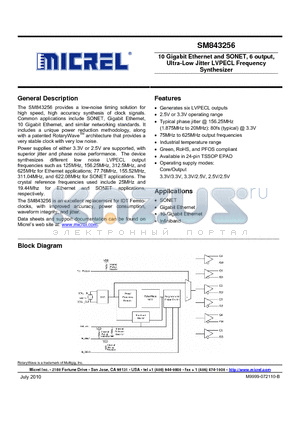 SM843256 datasheet - 10 Gigabit Ethernet and SONET, 6 output, Ultra-Low Jitter LVPECL Frequency Synthesizer