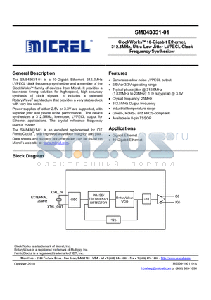 SM843031-01 datasheet - ClockWorks 10-Gigabit Ethernet, 312.5MHz, Ultra-Low Jitter LVPECL Clock Frequency Synthesizer