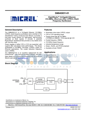 SM843031-01KA datasheet - ClockWorks 10-Gigabit Ethernet, 312.5MHz, Ultra-Low Jitter LVPECL Clock Frequency Synthesizer