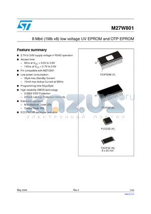 M27W801-150B6TR datasheet - 8 Mbit 1Mb x8 Low Voltage UV EPROM and OTP EPROM