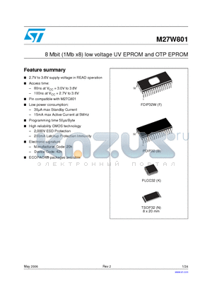M27W801-200C6TR datasheet - 8 Mbit 1Mb x8 Low Voltage UV EPROM and OTP EPROM