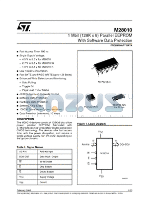 M28010-10BA1T datasheet - 1 Mbit 128K x 8 Parallel EEPROM With Software Data Protection