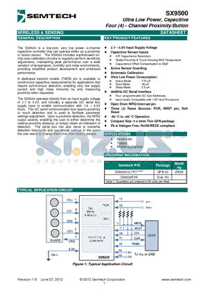 SX9500EVK datasheet - Ultra Low Power, Capacitive Four (4) - Channel Proximity/Button