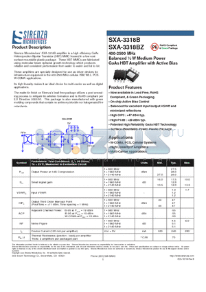 SXA-3318B datasheet - 400-2500 MHz Balanced 1/4 W Medium Power GaAs HBT Amplifier with Active Bias
