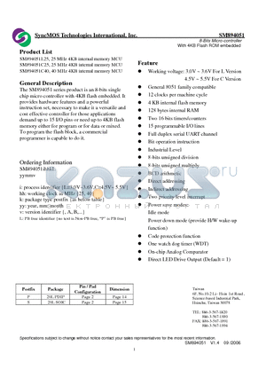 SM894051C40 datasheet - 8-Bits Micro-controller With 4KB Flash ROM embedded