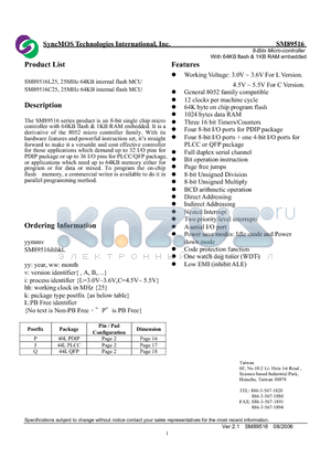 SM89516 datasheet - 8-Bits Micro-controller With 64KB flash & 1KB RAM embedded