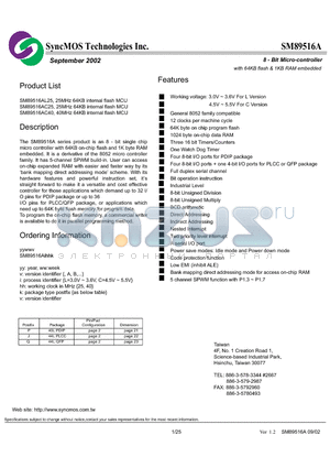 SM89516AC40 datasheet - 8 - Bit Micro-controller with 64KB flash 1KB RAM embedded