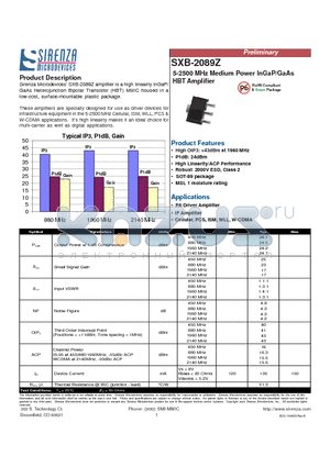 SXB-2089Z datasheet - 5-2500 MHz Medium Power InGaP/GaAs HBT Amplifier