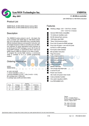 SM89516IHHJV datasheet - 8 - Bit Micro-controller with 64KB flash & 1KB RAM embedded