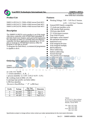 SM8951A datasheet - 8-Bits Micro-controller With 4/8KB flash embedded