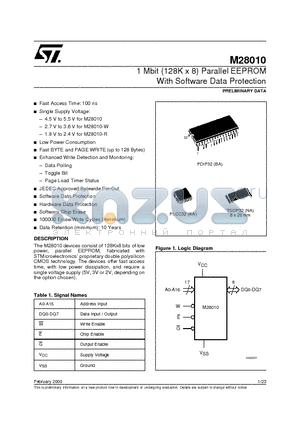 M28010-20BA1T datasheet - 1 Mbit 128K x 8 Parallel EEPROM With Software Data Protection