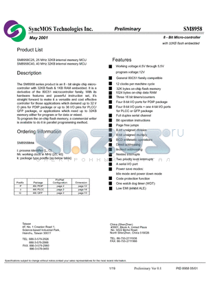 SM8958 datasheet - 8-bit Micro-controller with 32K Flash embedded