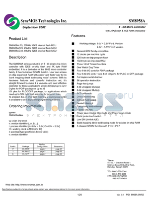 SM8958A datasheet - 8 - Bit Micro-controller with 32KB flash & 1KB RAM embedded