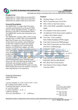 SM89S16R1 datasheet - 8-Bits Micro-controller With 64KB Flash ROM & 1KB RAM & RTC & ADC & PWM & PDWU embedded