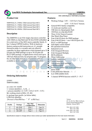 SM8958AC40 datasheet - 8-Bits Micro-controller With 32KB flash & 1KB RAM embedded