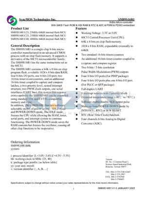 SM89S16R1C40 datasheet - 8-Bits Micro-controller With 64KB Flash ROM & IKB RAM & RTC & ADC & PWM & PDWU embedded