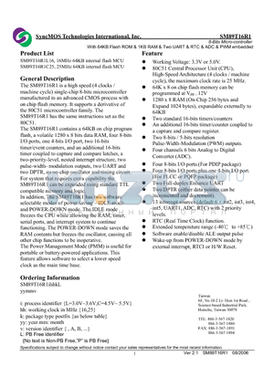 SM89T16R1_06 datasheet - 8-Bits Micro-controller With 64KB Flash ROM & 1KB RAM & Two UART & RTC & ADC & PWM embedded