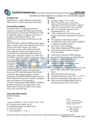 SM89T16R1C25 datasheet - 8-Bits Micro-controller With 64KB Flash ROM & IKB RAM & Two UART & RTC & ADC & PWM embedded