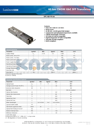 SPC-GB-YX-31CNA datasheet - 60 km CWDM GbE SFP Transceiver