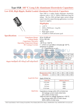 SXR100K101RT datasheet - 105 jC Long Life Aluminum Electrolytic Capacitors