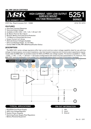 MSK5251-0.9 datasheet - HIGH CURRENT, VERY LOW OUTPUT SURFACE MOUNT VOLTAGE REGULATORS