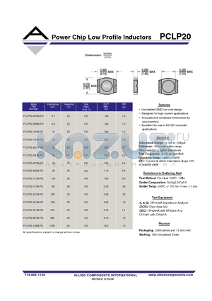 PCLP20-100M-RC datasheet - Power Chip Low Profile Inductors