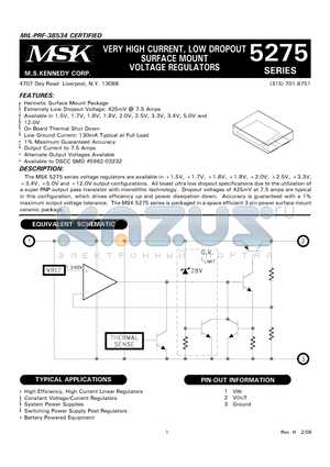 MSK5275-1.7E datasheet - VERY HIGH CURRENT, LOW DROPOUT SURFACE MOUNT VOLTAGE REGULATORS