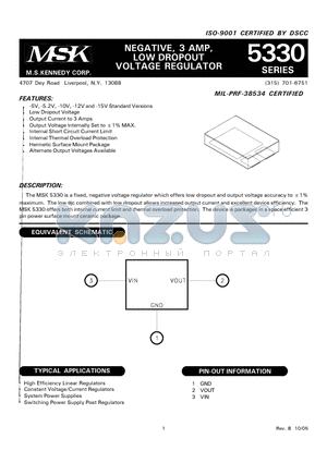 MSK5330-5.0 datasheet - NEGATIVE, 3 AMP, LOW DROPOUT VOLTAGE REGULATOR