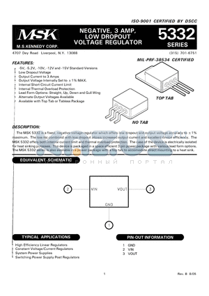 MSK5332-10ES datasheet - NEGATIVE, 3 AMP, LOW DROPOUT VOLTAGE REGULATOR