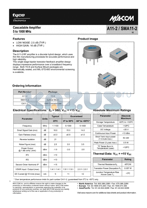 SMA11-2 datasheet - Cascadable Amplifier 5 to 1000 MHz