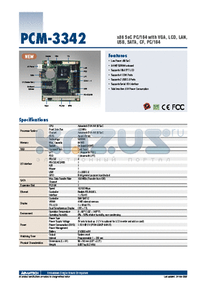 PCM-3342F-64A1E datasheet - x86 SoC PC/104 with VGA, LCD, LAN, USB, SATA, CF, PC/104