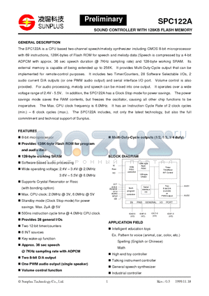 SPC122A datasheet - SOUND CONTROLLER WITH 128KB FLASH MEMORY