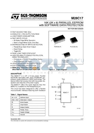 M28C17-150P1T datasheet - 16K 2K x 8 PARALLEL EEPROM with SOFTWARE DATA PROTECTION